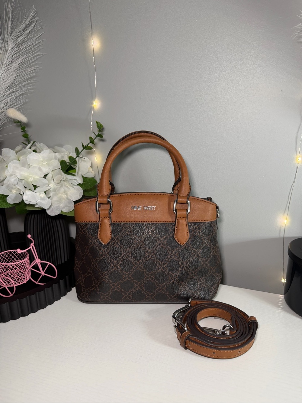 Nine West Brown Monogram Satchel with Tan Handles